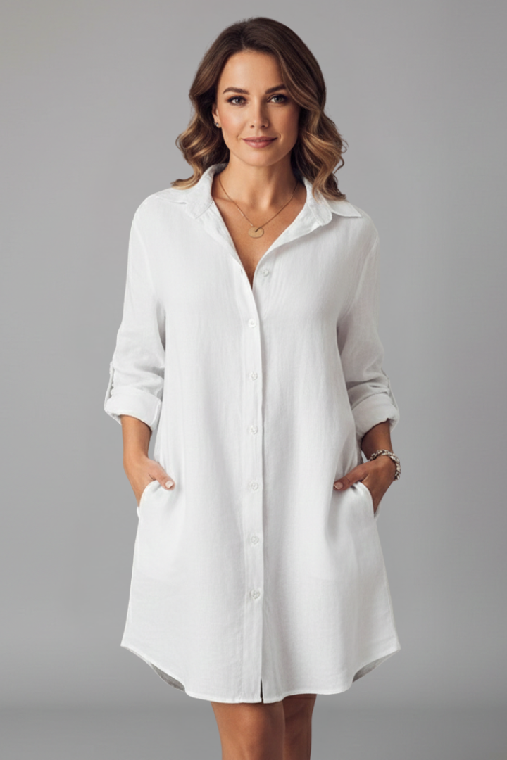 Saskia | Women's Long Sleeve Button Front Shirt Dress - Light Blue - Image 6