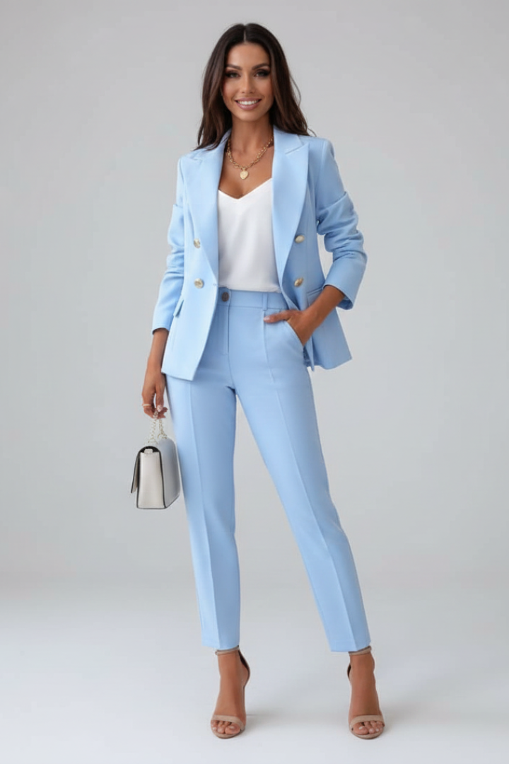 Scarlett | Women's Double Breasted Blazer Suit Set - Light Blue - Image 2