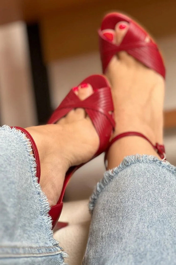 Scarlett | Women's Red Stiletto Heel Ankle Strap Sandals - Red - Image 2