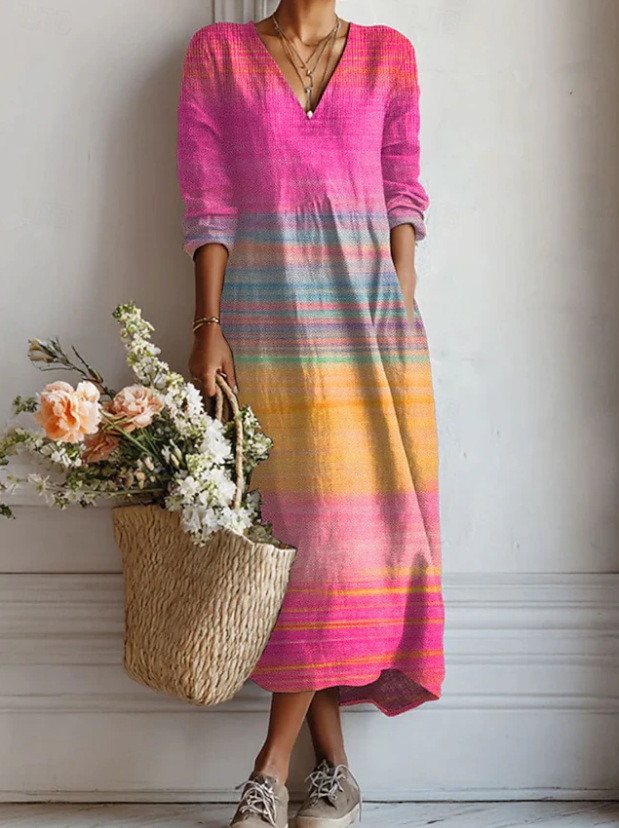 Selovra | Women's V-Neck Striped Long Sleeve Maxi Dress - Striped - Image 1