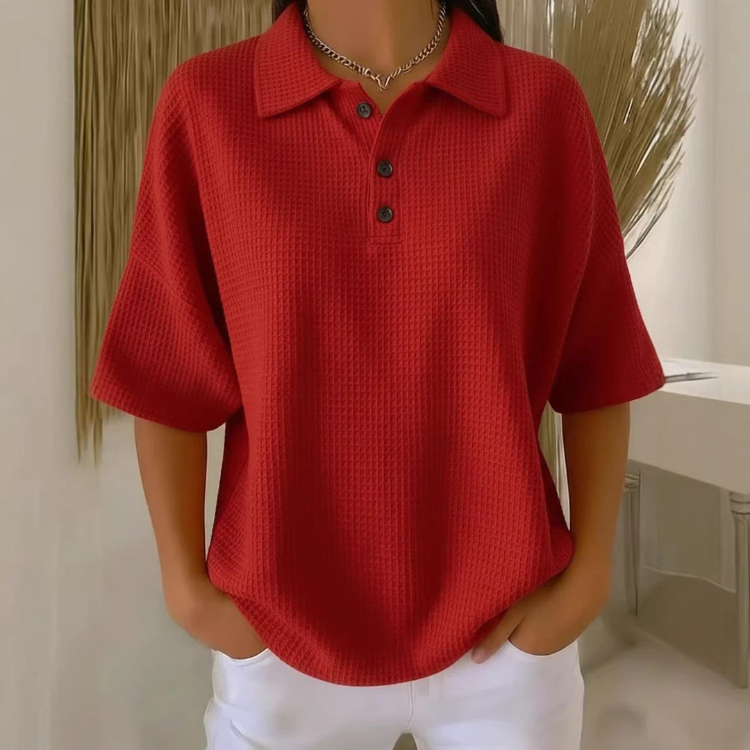 Serafina | Women's Collared Short Sleeve Polo Shirt - Red - Image 10