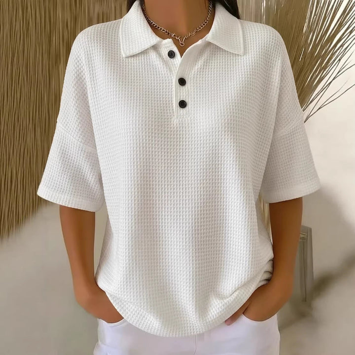Serafina | Women's Collared Short Sleeve Polo Shirt - Red - Image 2