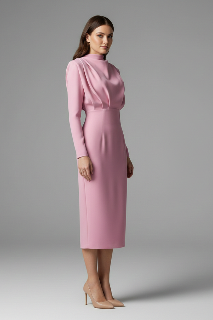 Serafina | Women's Mock Neck Long Sleeve Maxi Dress - Pink - Image 3