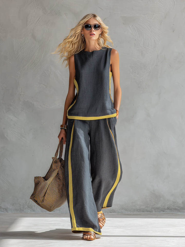 Seraphine | Women's Contrast Trim Sleeveless Two Piece Set - Grey - Image 1