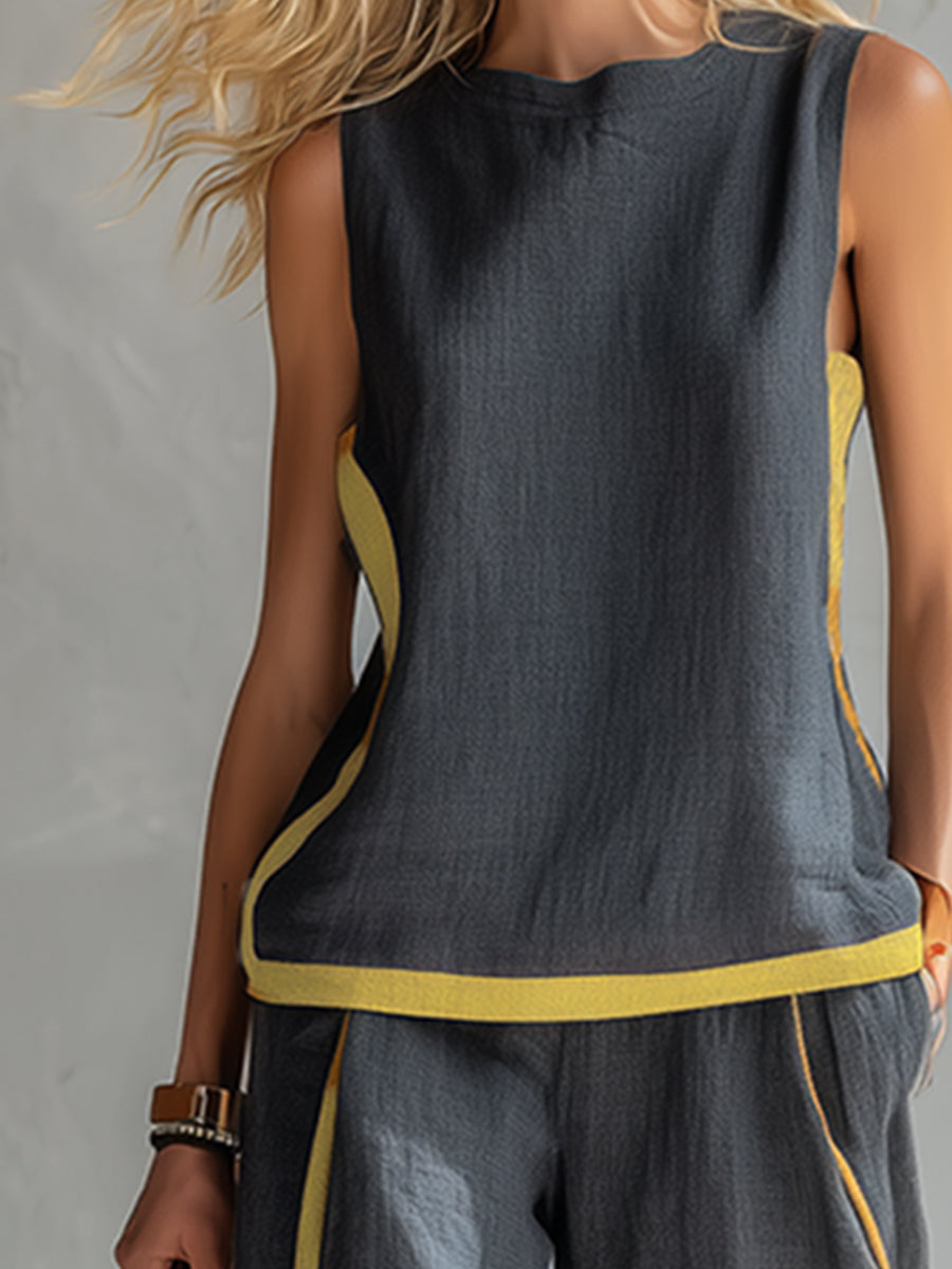 Seraphine | Women's Contrast Trim Sleeveless Two Piece Set - Grey - Image 2