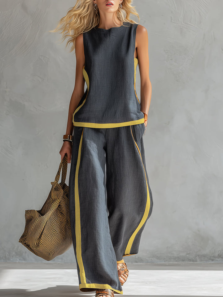 Seraphine | Women's Contrast Trim Sleeveless Two Piece Set - Grey - Image 3