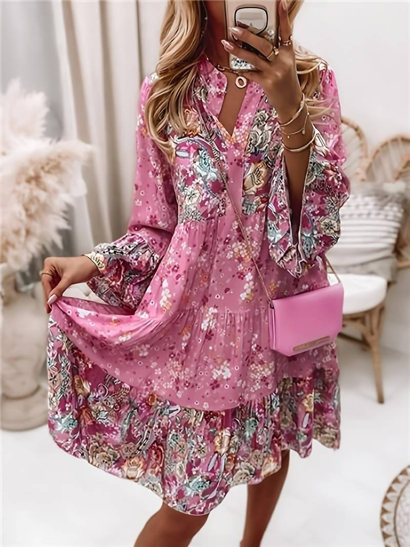 Seraphine | Women's Floral V-Neck Long Sleeve Tiered Midi Dress - Pink - Image 1
