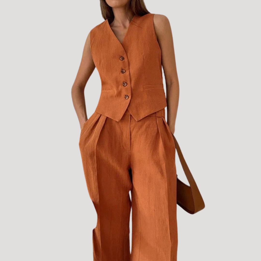Seraphine | Women's Sleeveless Waistcoat Wide Leg Pant Set - Orange - Image 2