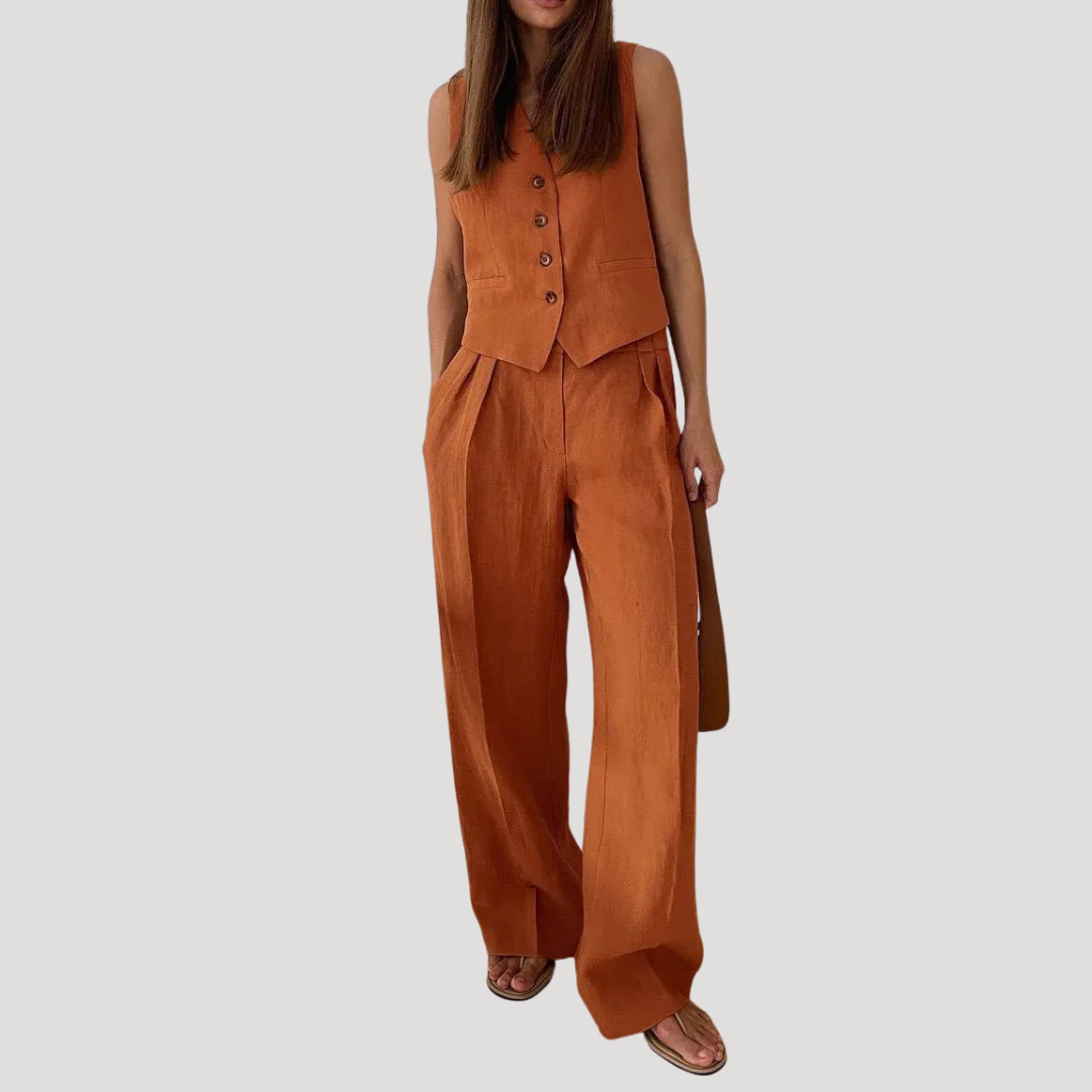 Seraphine | Women's Sleeveless Waistcoat Wide Leg Pant Set - Orange - Image 3