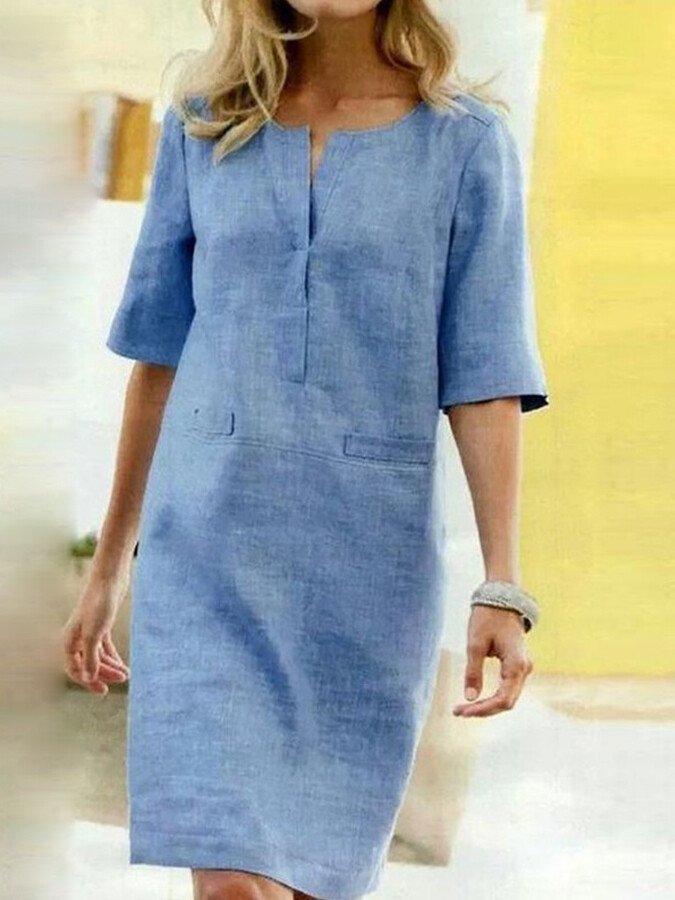 Seraphine | Women's Split Neck 3/4 Sleeve Shift Dress - Light Blue - Image 1