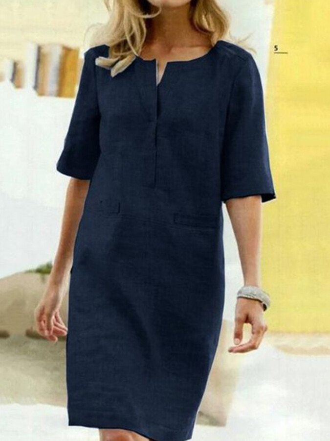 Seraphine | Women's Split Neck 3/4 Sleeve Shift Dress - Light Blue - Image 4
