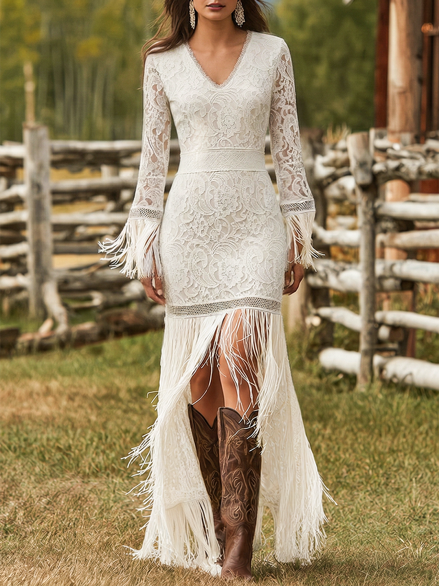 Serenity | Women's V-Neck Long Sleeve Tassel Maxi Dress - White - Image 1