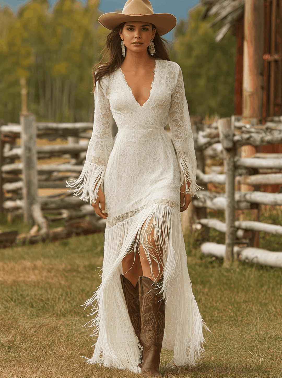 Serenity | Women's V-Neck Long Sleeve Tassel Maxi Dress - White - Image 2