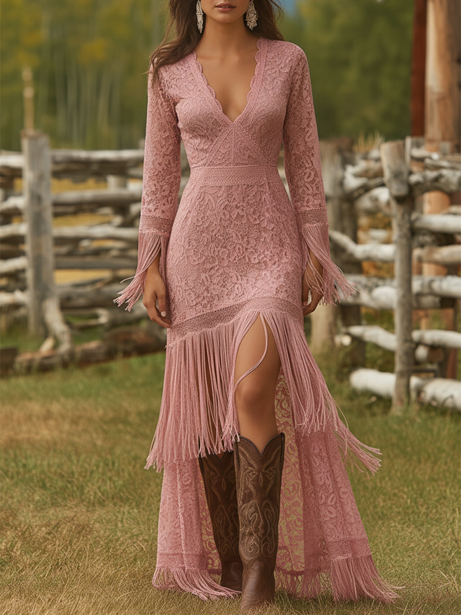 Serenity | Women's V-Neck Long Sleeve Tassel Maxi Dress - White - Image 4