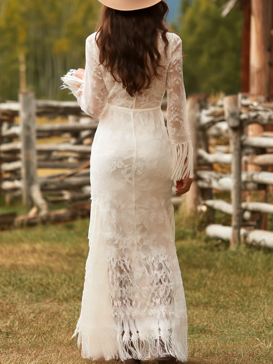 Serenity | Women's V-Neck Long Sleeve Tassel Maxi Dress - White - Image 6