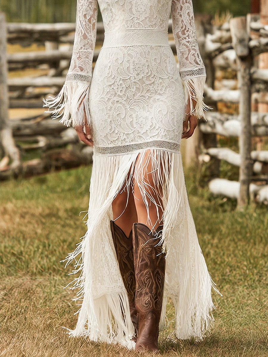 Serenity | Women's V-Neck Long Sleeve Tassel Maxi Dress - White - Image 8
