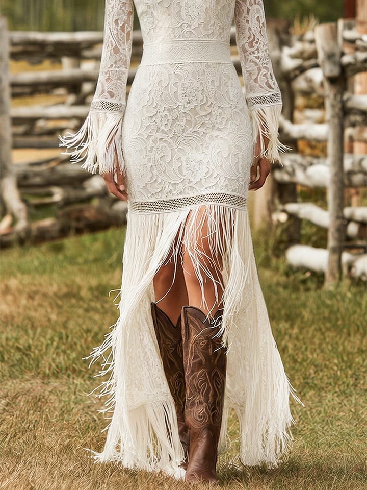 Serenity | Women's V-Neck Long Sleeve Tassel Maxi Dress - White - Image 8