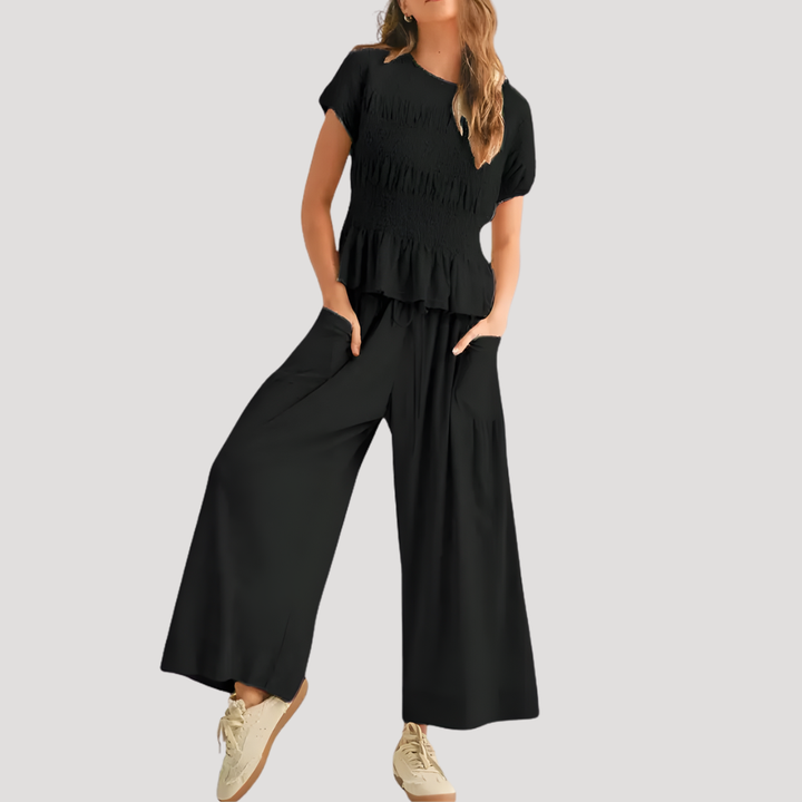 Sienna | Women's Peplum Top Wide Leg Pants Set - Black - Image 1