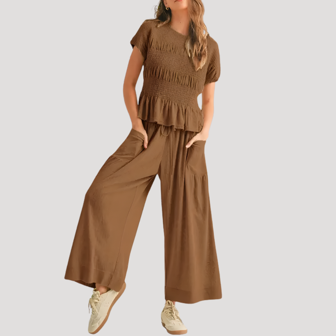 Sienna | Women's Peplum Top Wide Leg Pants Set - Black - Image 2