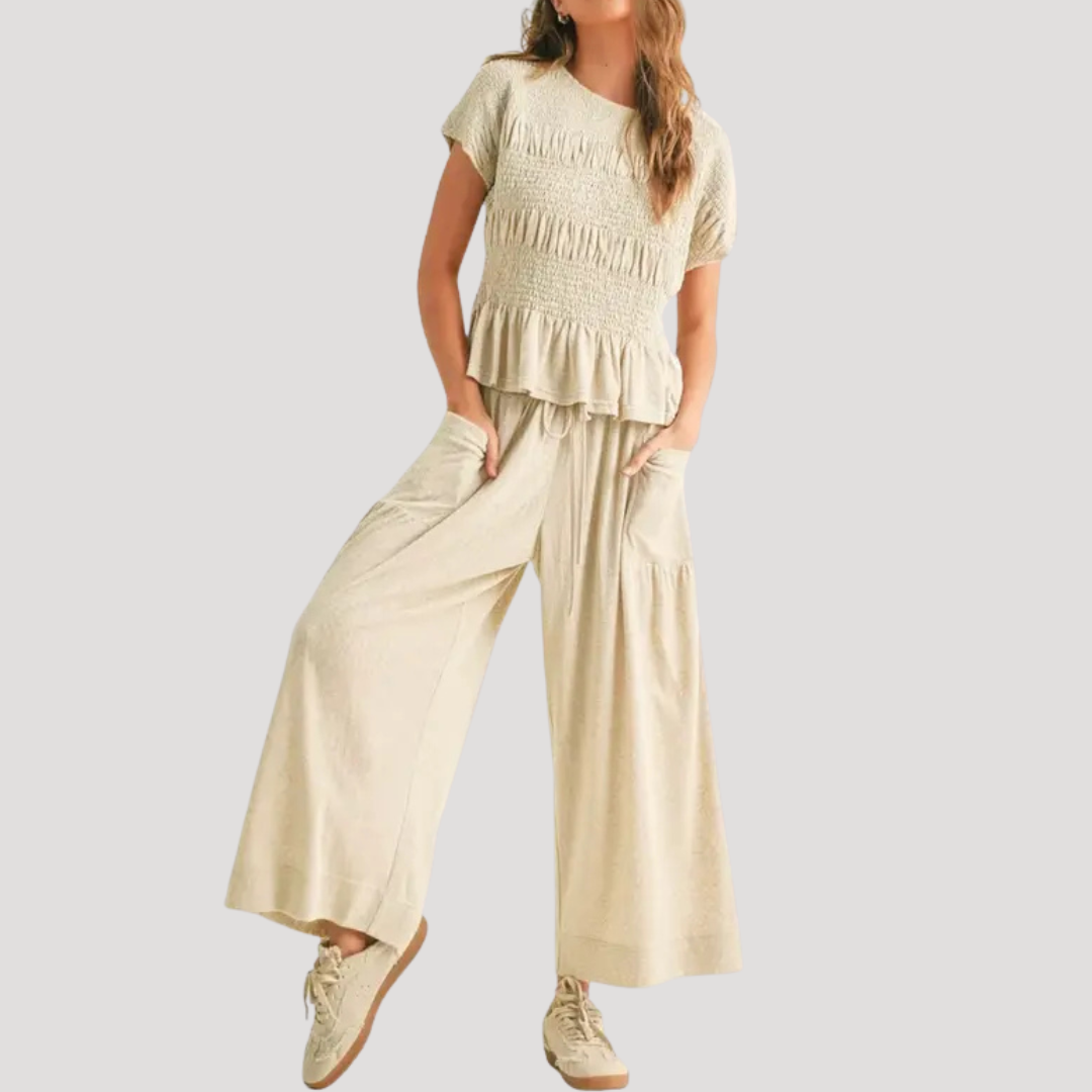 Sienna | Women's Peplum Top Wide Leg Pants Set - Black - Image 3