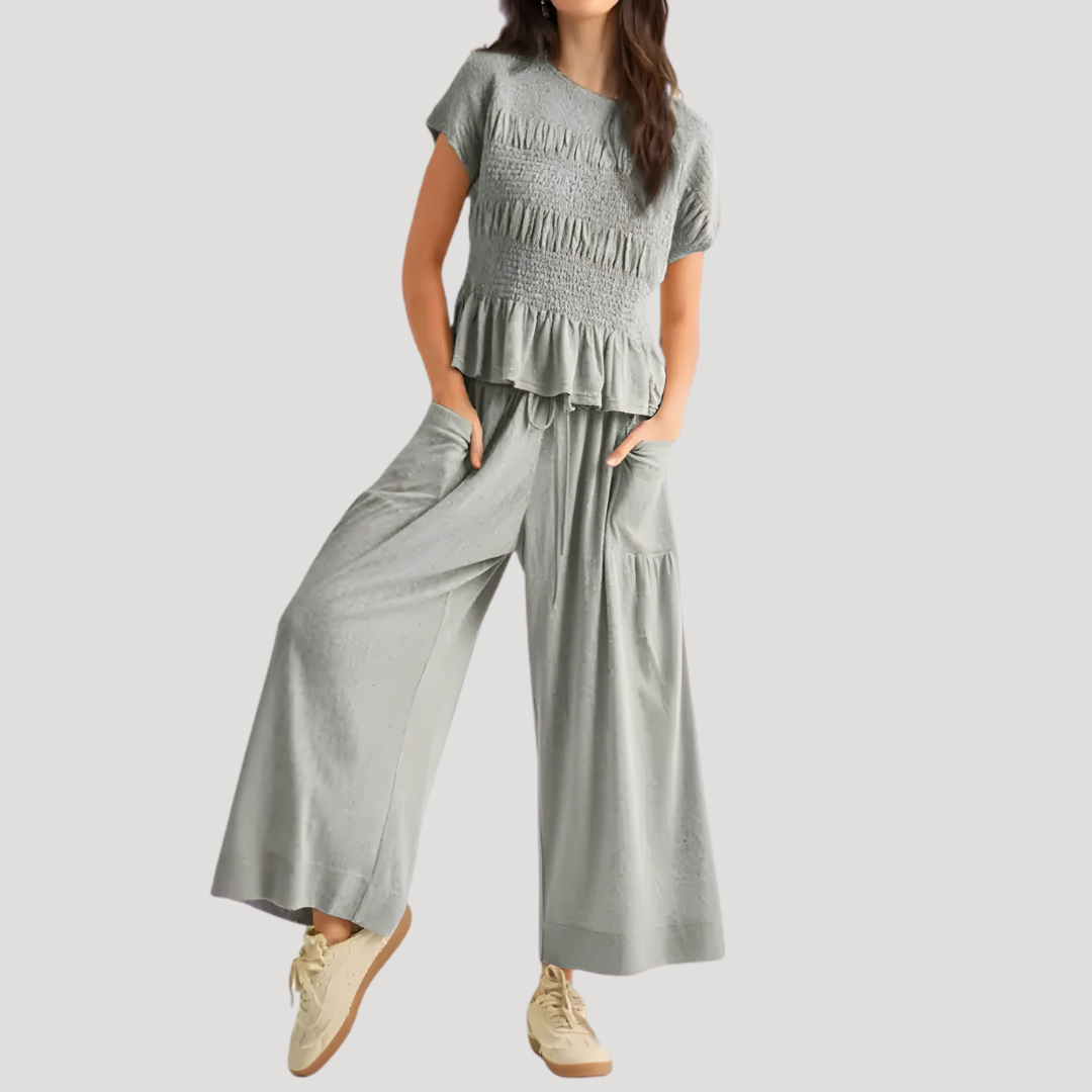 Sienna | Women's Peplum Top Wide Leg Pants Set - Black - Image 7