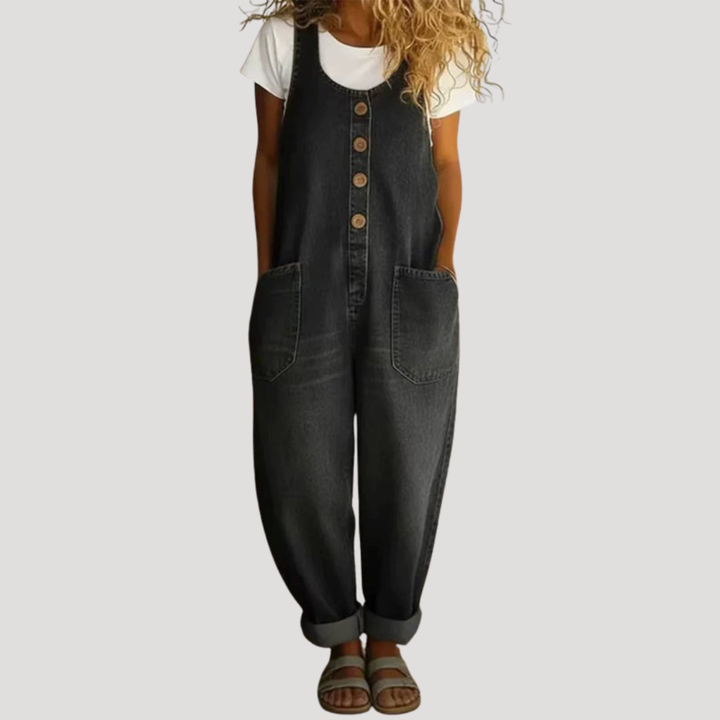 Sloane | Women's Button Front Wide Leg Overall Jumpsuit - Dark Grey - Image 1