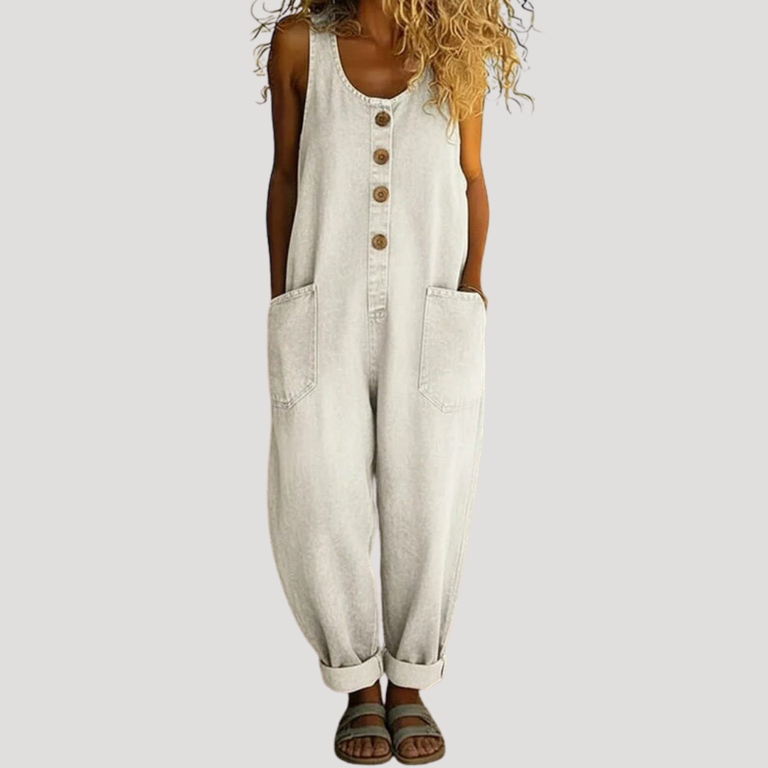 Sloane | Women's Button Front Wide Leg Overall Jumpsuit - Dark Grey - Image 3