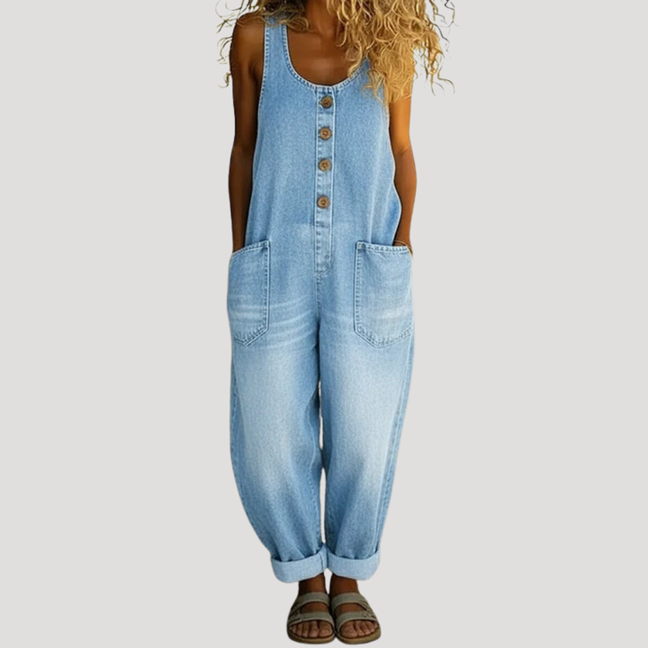 Sloane | Women's Button Front Wide Leg Overall Jumpsuit - Dark Grey - Image 4