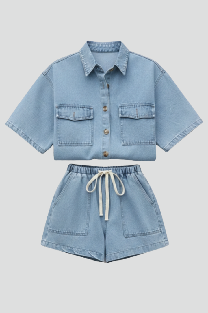 Solara | Women's Short Sleeve Collared Set - Light Blue - Image 1