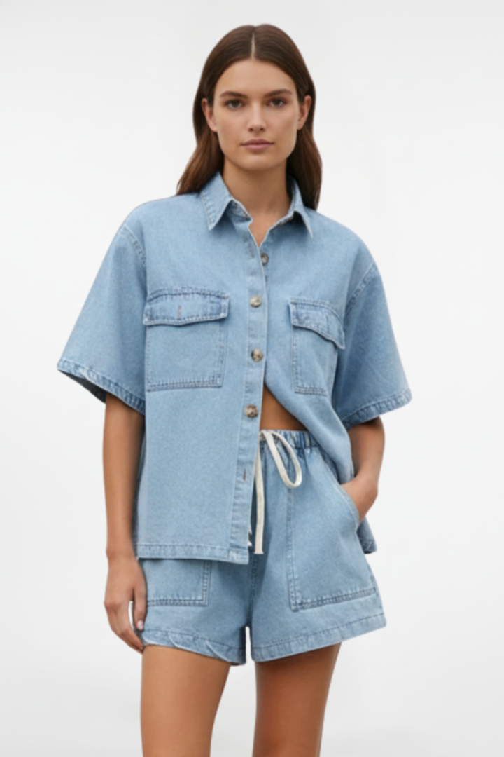 Solara | Women's Short Sleeve Collared Set - Light Blue - Image 2