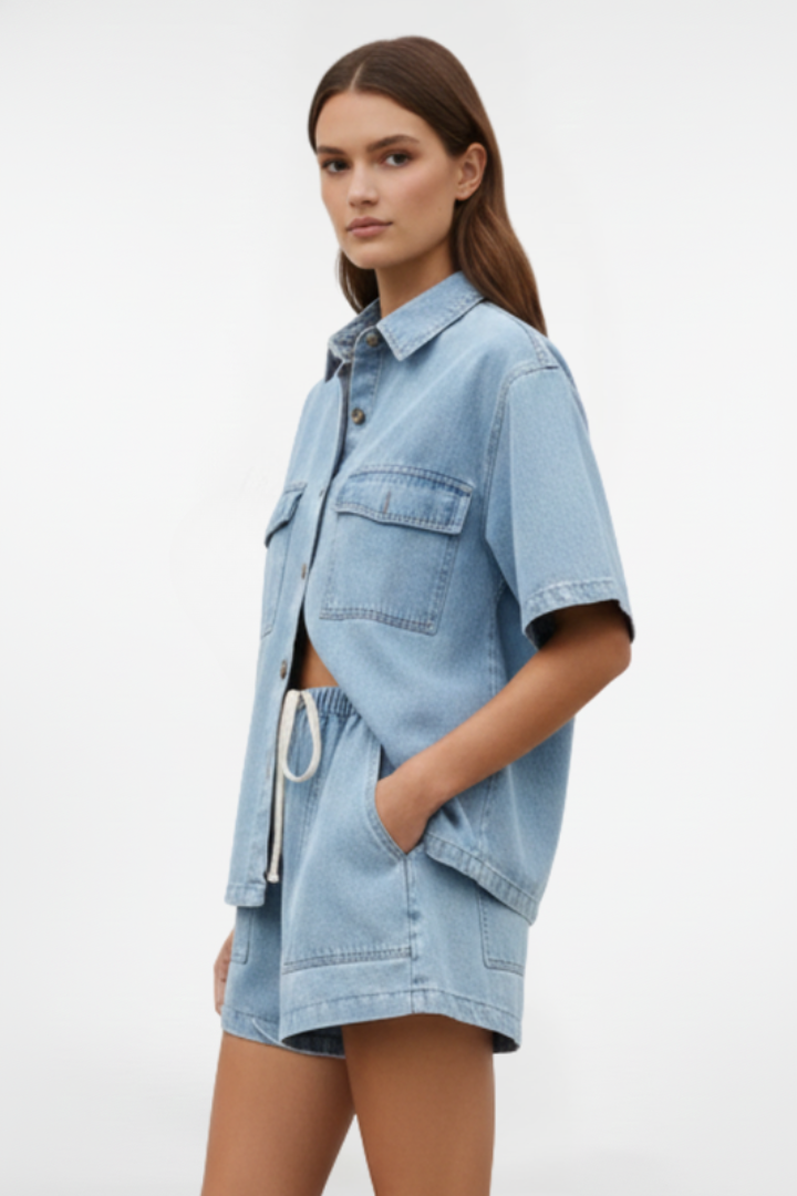 Solara | Women's Short Sleeve Collared Set - Light Blue - Image 3