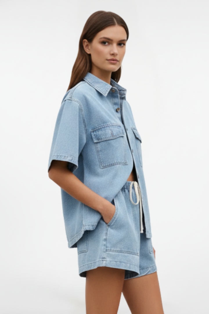 Solara | Women's Short Sleeve Collared Set - Light Blue - Image 4