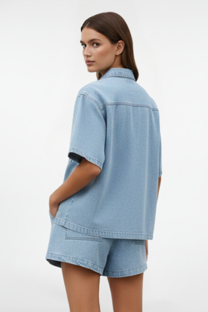 Solara | Women's Short Sleeve Collared Set - Light Blue - Image 5