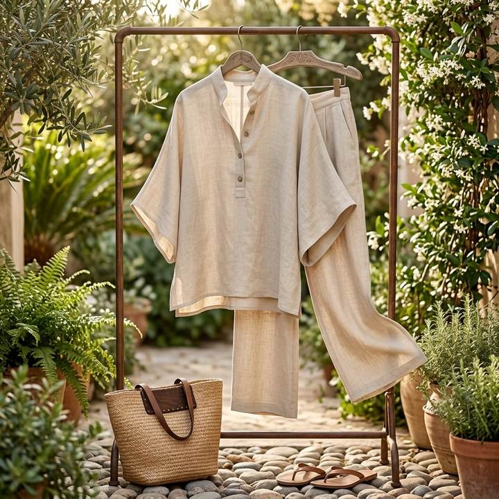 Tabitha | Women's Button Up Blouse Relaxed Set - Beige - Image 12
