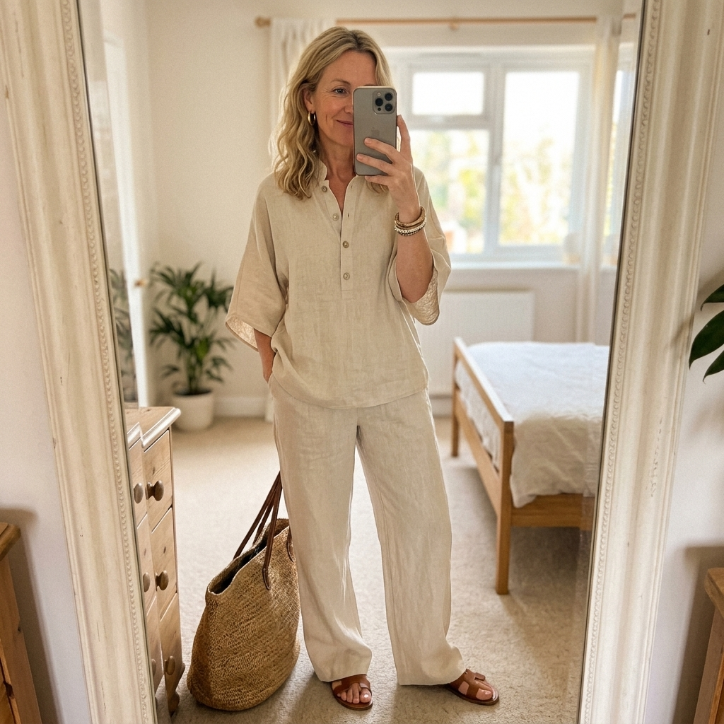 Tabitha | Women's Button Up Blouse Relaxed Set - Beige - Image 14
