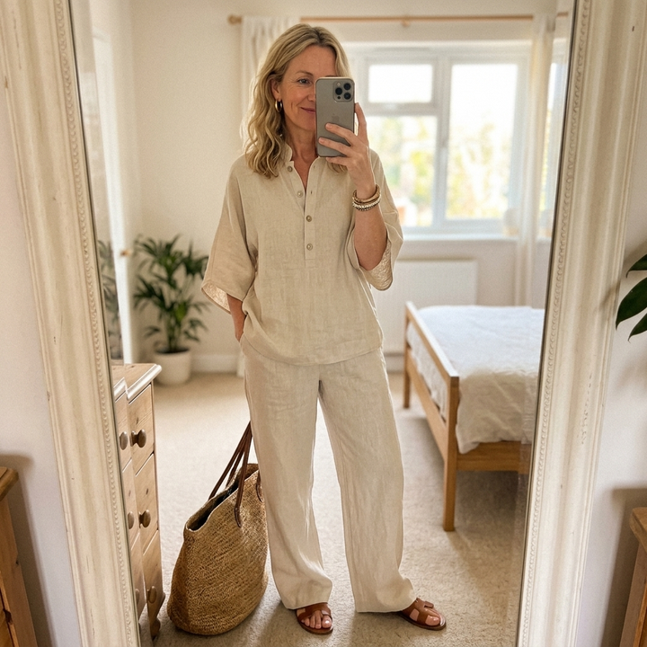 Tabitha | Women's Button Up Blouse Relaxed Set - Beige - Image 14