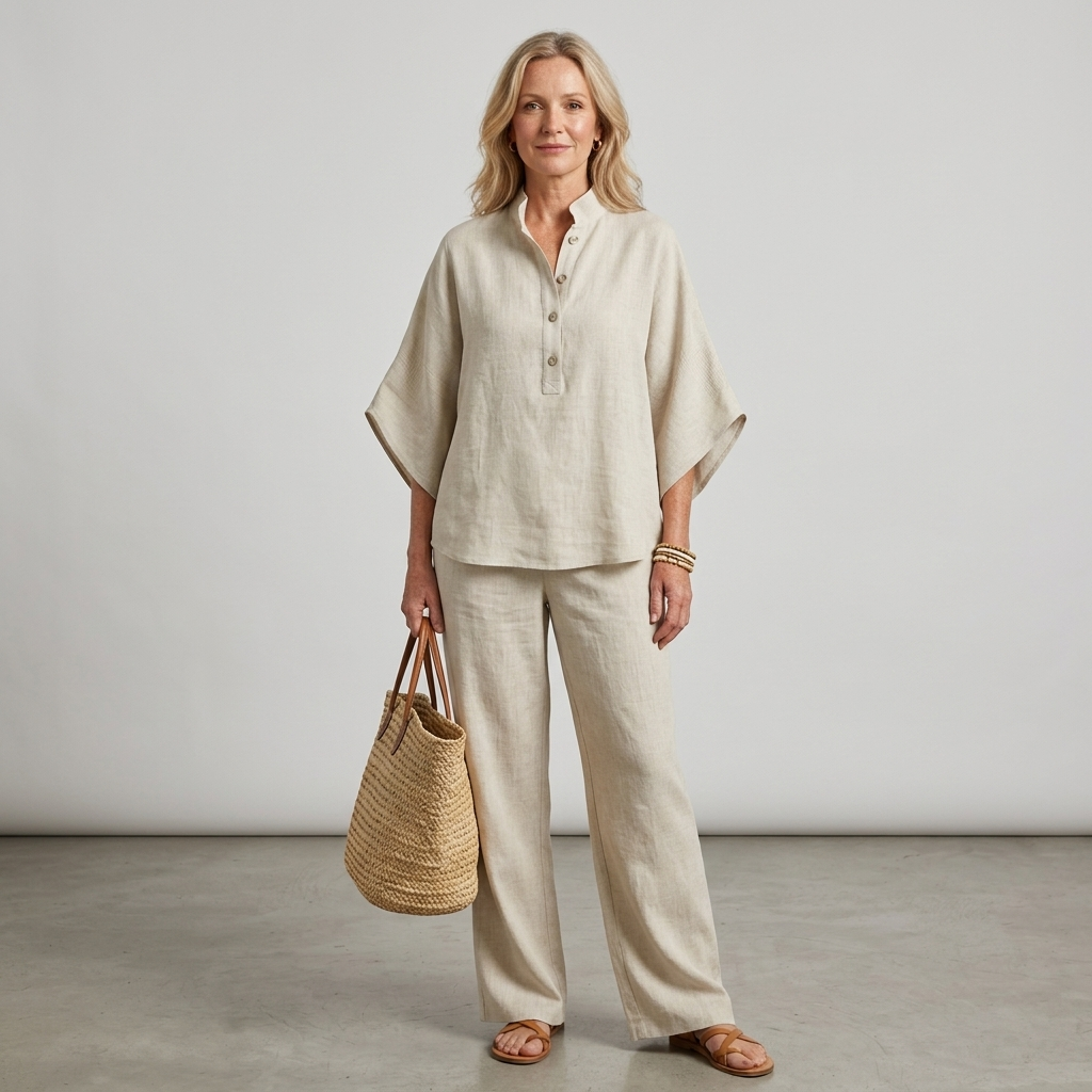 Tabitha | Women's Button Up Blouse Relaxed Set - Beige - Image 17