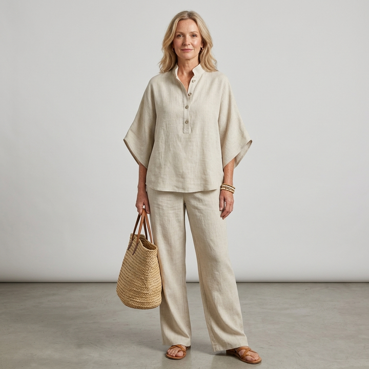 Tabitha | Women's Button Up Blouse Relaxed Set - Beige - Image 17