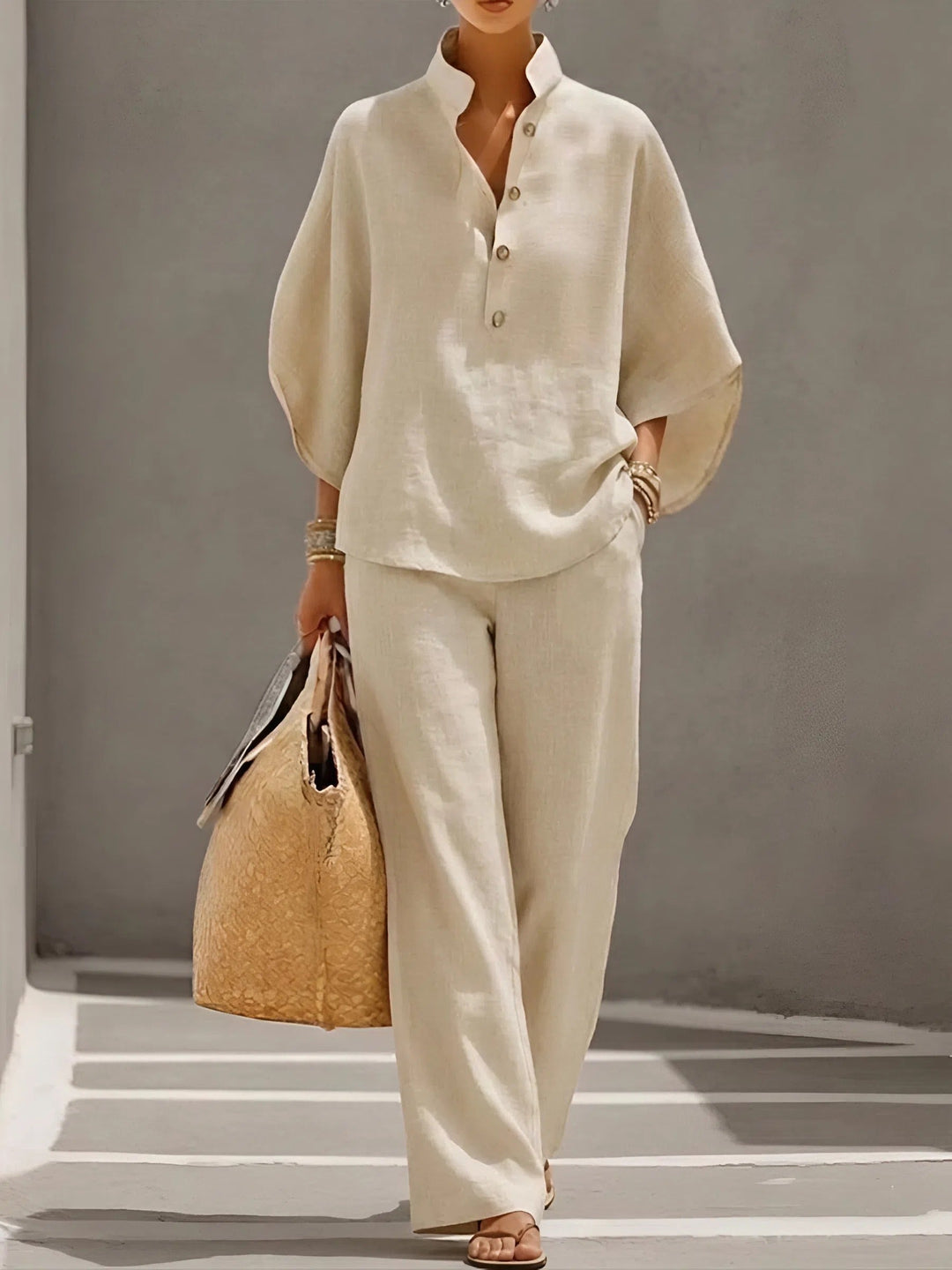 Tabitha | Women's Button Up Blouse Relaxed Set - Beige - Image 9
