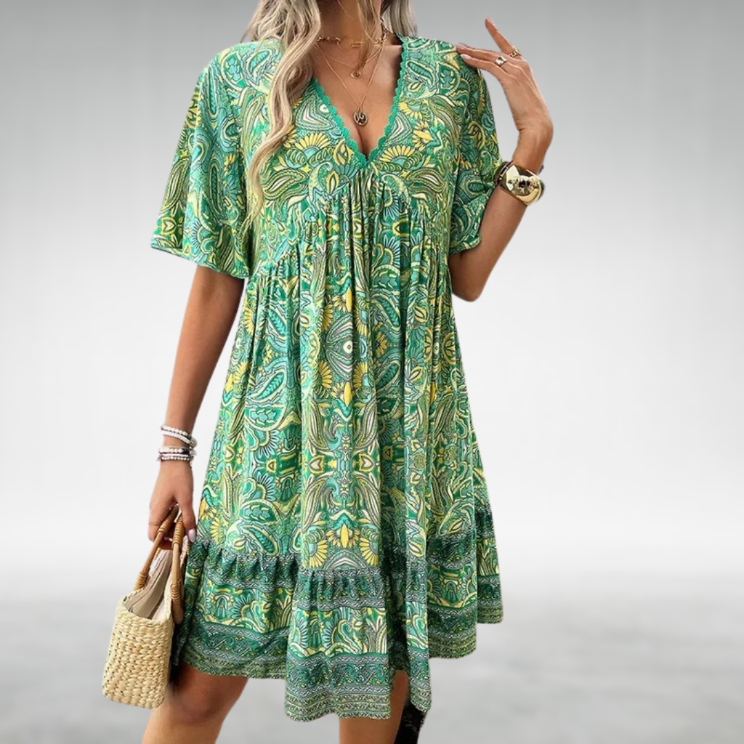 Tahlia | Women's Boho Printed V Neck Mini Dress - Green - Image 1