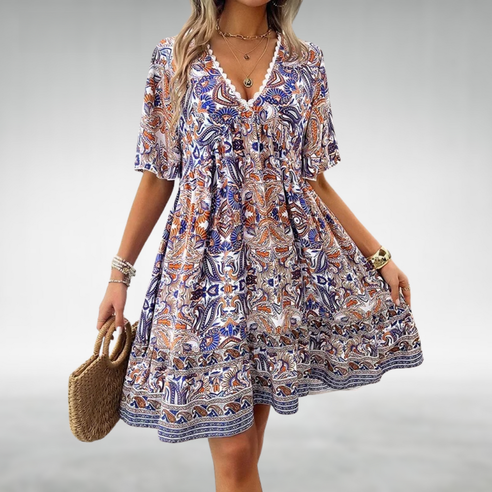 Tahlia | Women's Boho Printed V Neck Mini Dress - Green - Image 2
