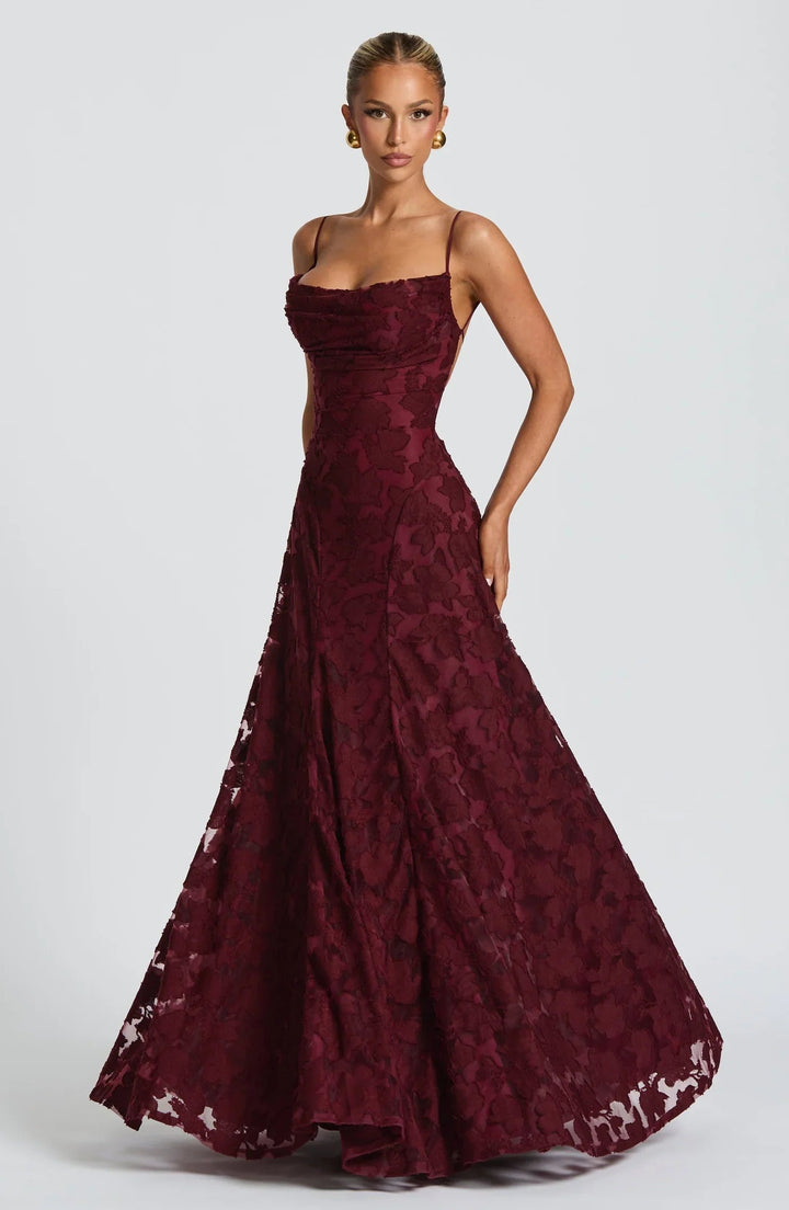 Taleah | Women's Floral A-Line Maxi Wedding Guest Dress - Burgundy - Image 1