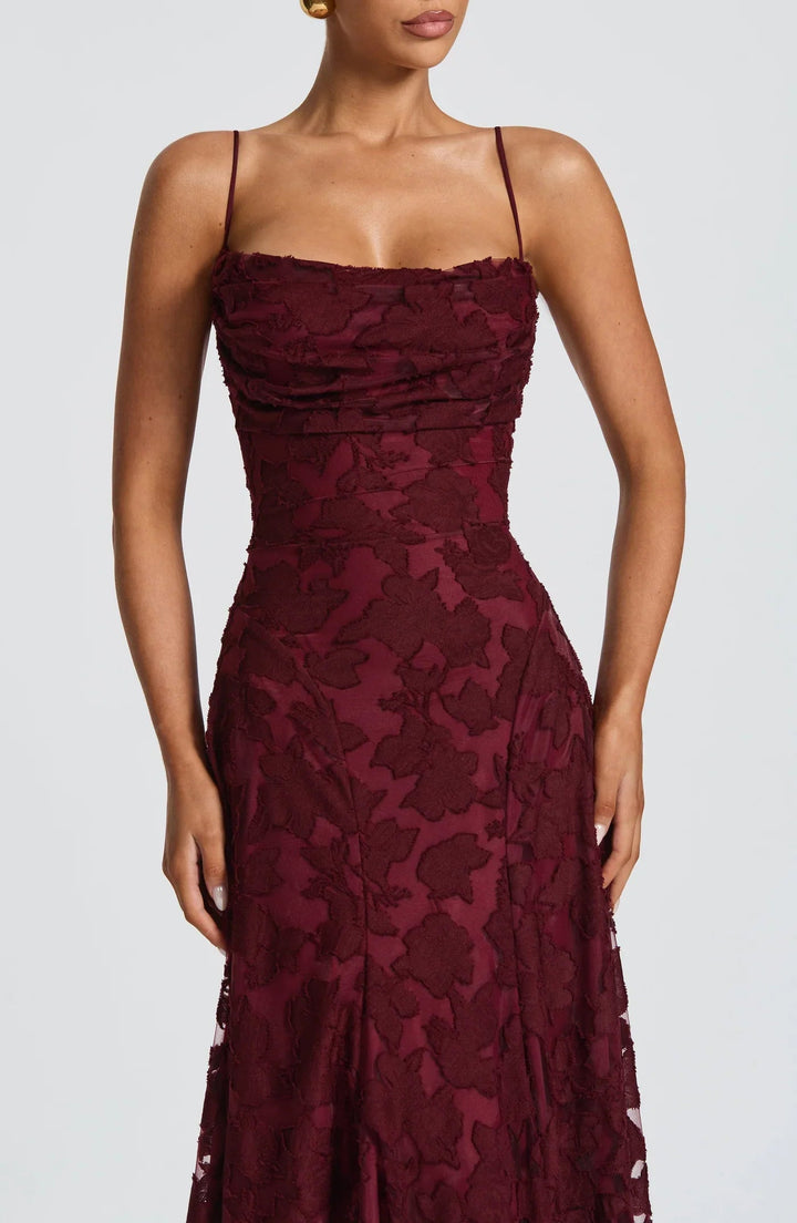 Taleah | Women's Floral A-Line Maxi Wedding Guest Dress - Burgundy - Image 5