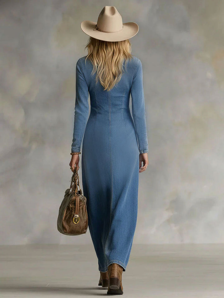 Talia | Women's V-Neck Button Front Maxi Dress - Blue - Image 5