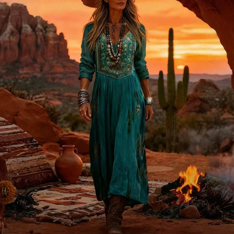 Tamara | Women's Embroidered V Neck Maxi Dress - Teal - Image 5