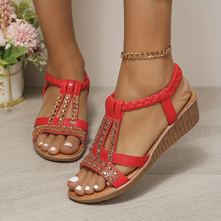 Tamara | Women's Rhinestone T-Strap Wedge Sandal - Red - Image 1