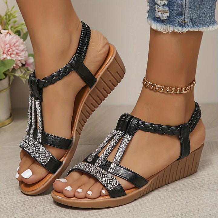 Tamara | Women's Rhinestone T-Strap Wedge Sandal - Red - Image 11