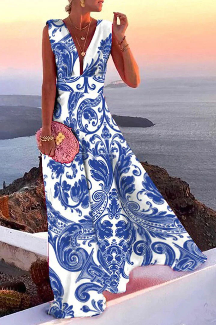 Thalia | Women's Paisley Print V-Neck Sleeveless Maxi Dress - Blue - Image 1