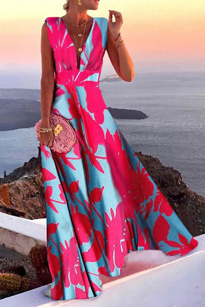 Thalia | Women's Paisley Print V-Neck Sleeveless Maxi Dress - Blue - Image 4