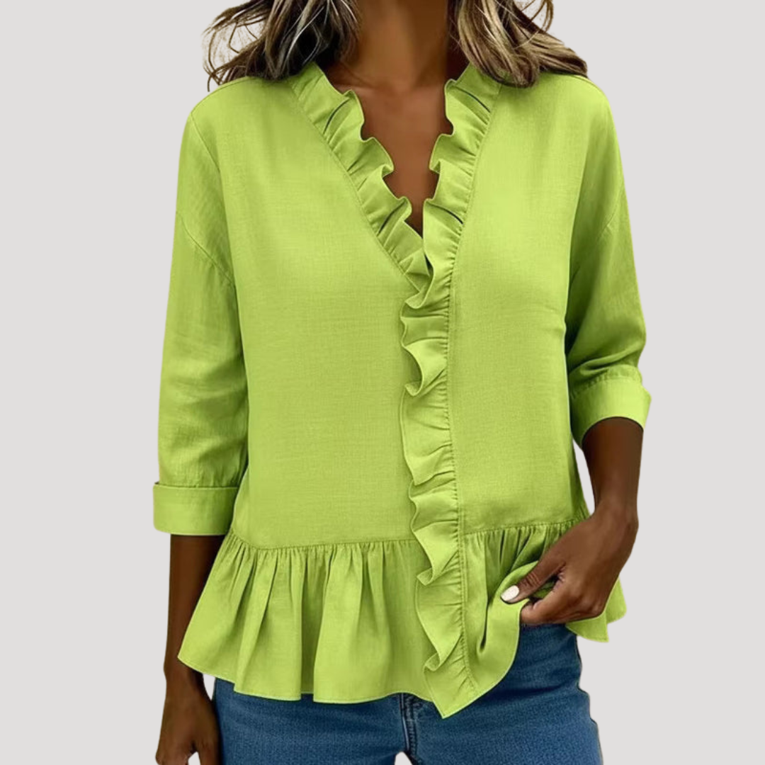 Theodora | Women's Ruffle Trim V-Neck Peplum Blouse - Green - Image 1